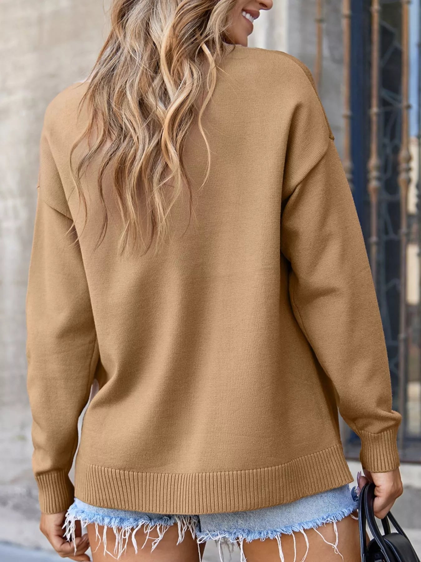 Center Seam Drop Shoulder Pullover Solid Sweater 