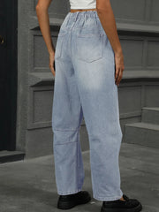 Half Elastic Waist Straight Leg Jeans 