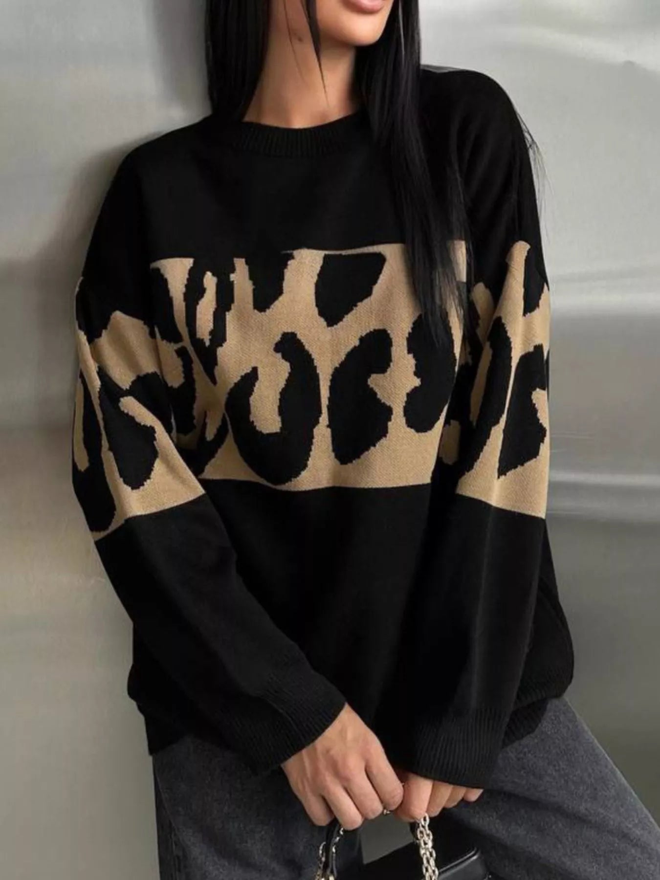 Leopard Color Block Round Neck Sweater 