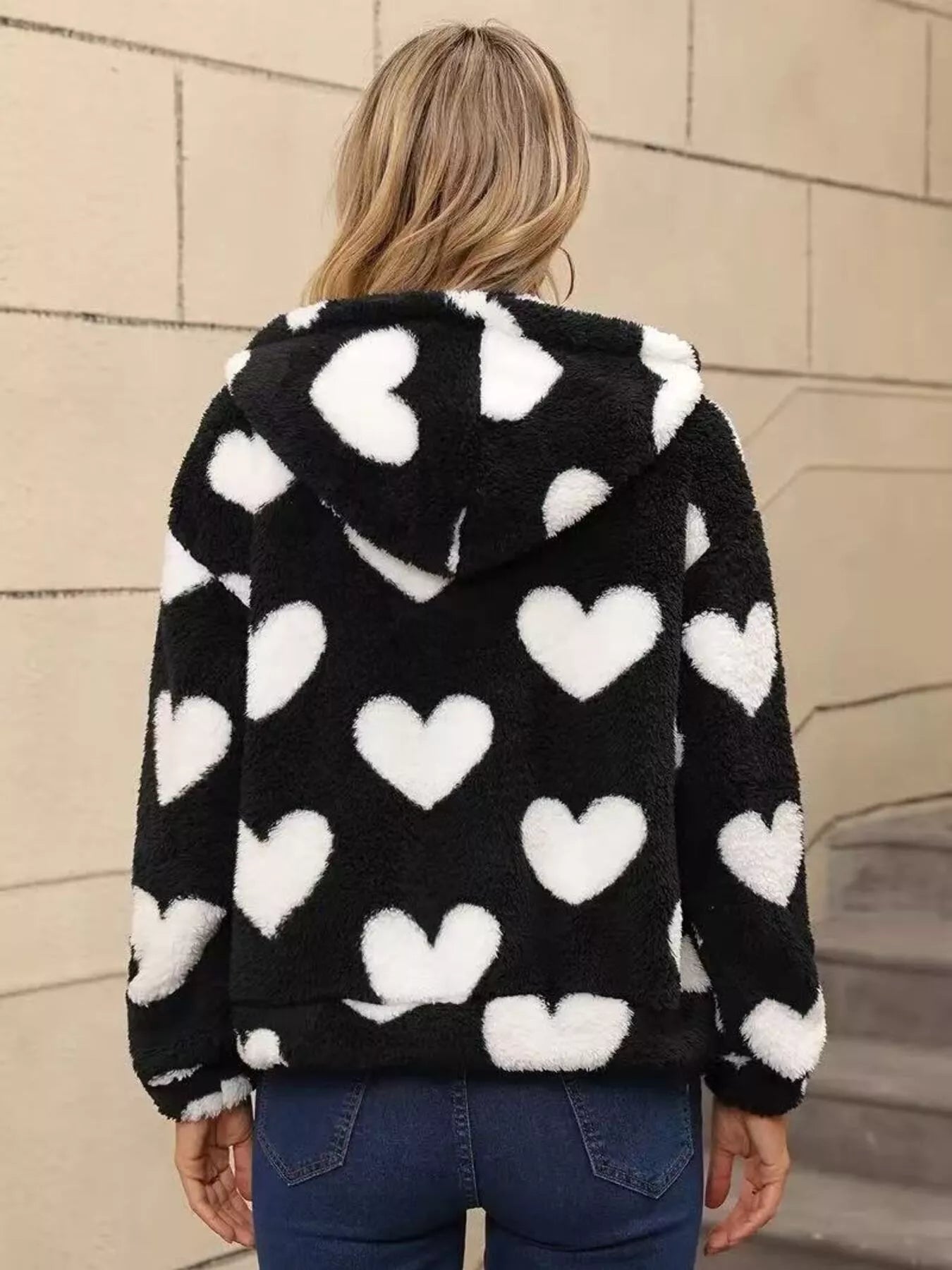 Heart Fuzzy Fleece Zip-Up Outerwear 