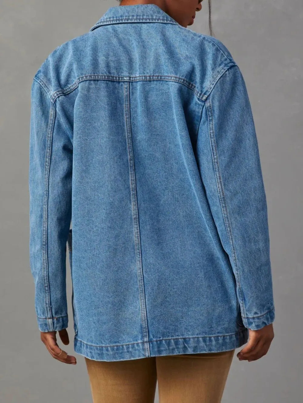 Pocketed Lapel Collar Long Sleeve Denim Jacket 