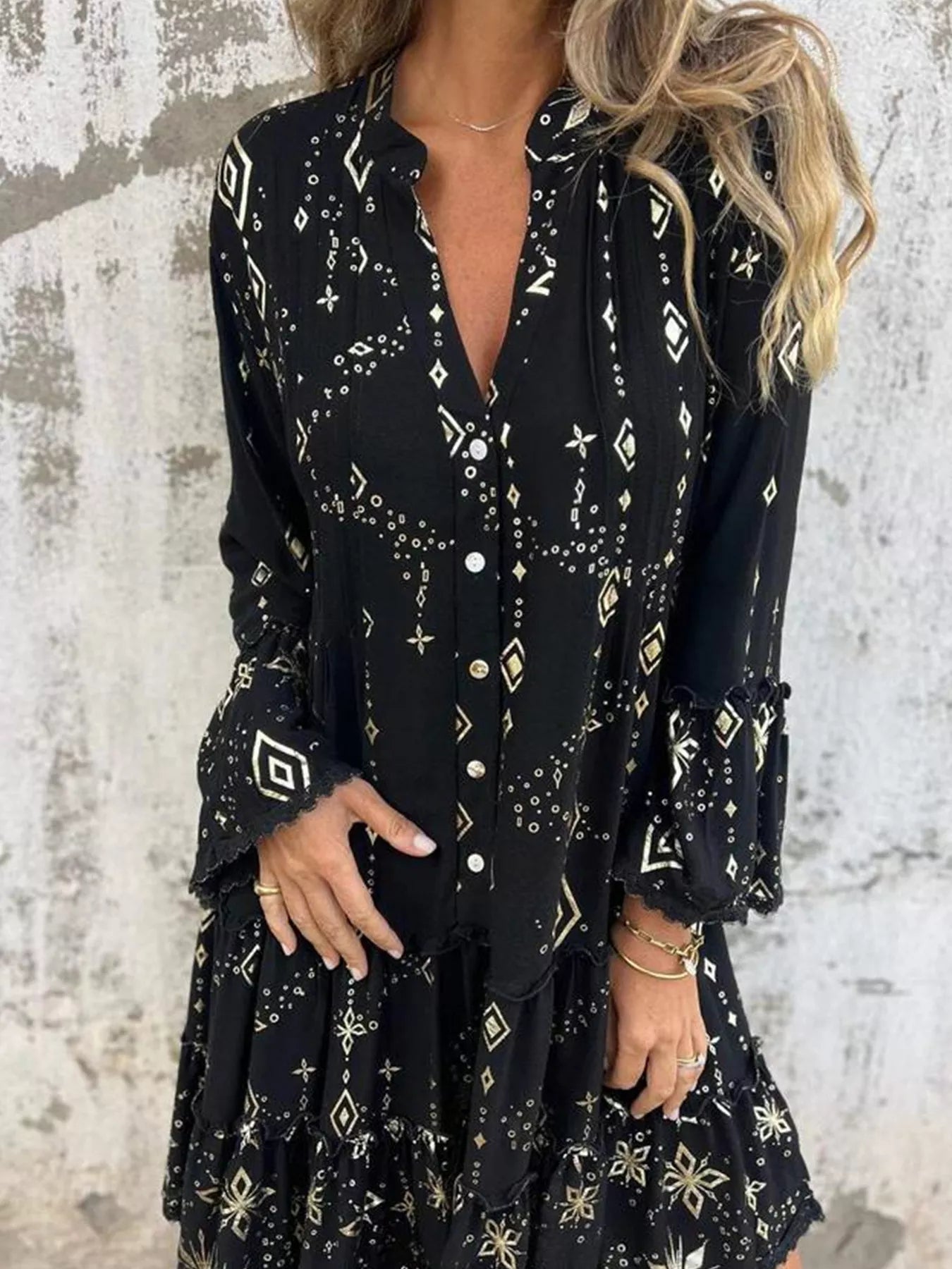 Full Size Printed Notched Flare Sleeve Dress Plus Size 