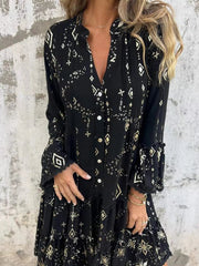 Full Size Printed Notched Flare Sleeve Dress Plus Size 
