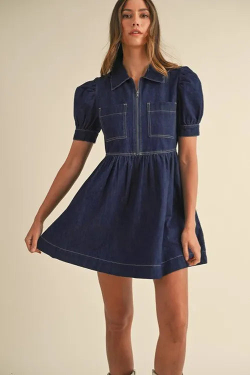 Collared Neck Half Zip Denim Dress 