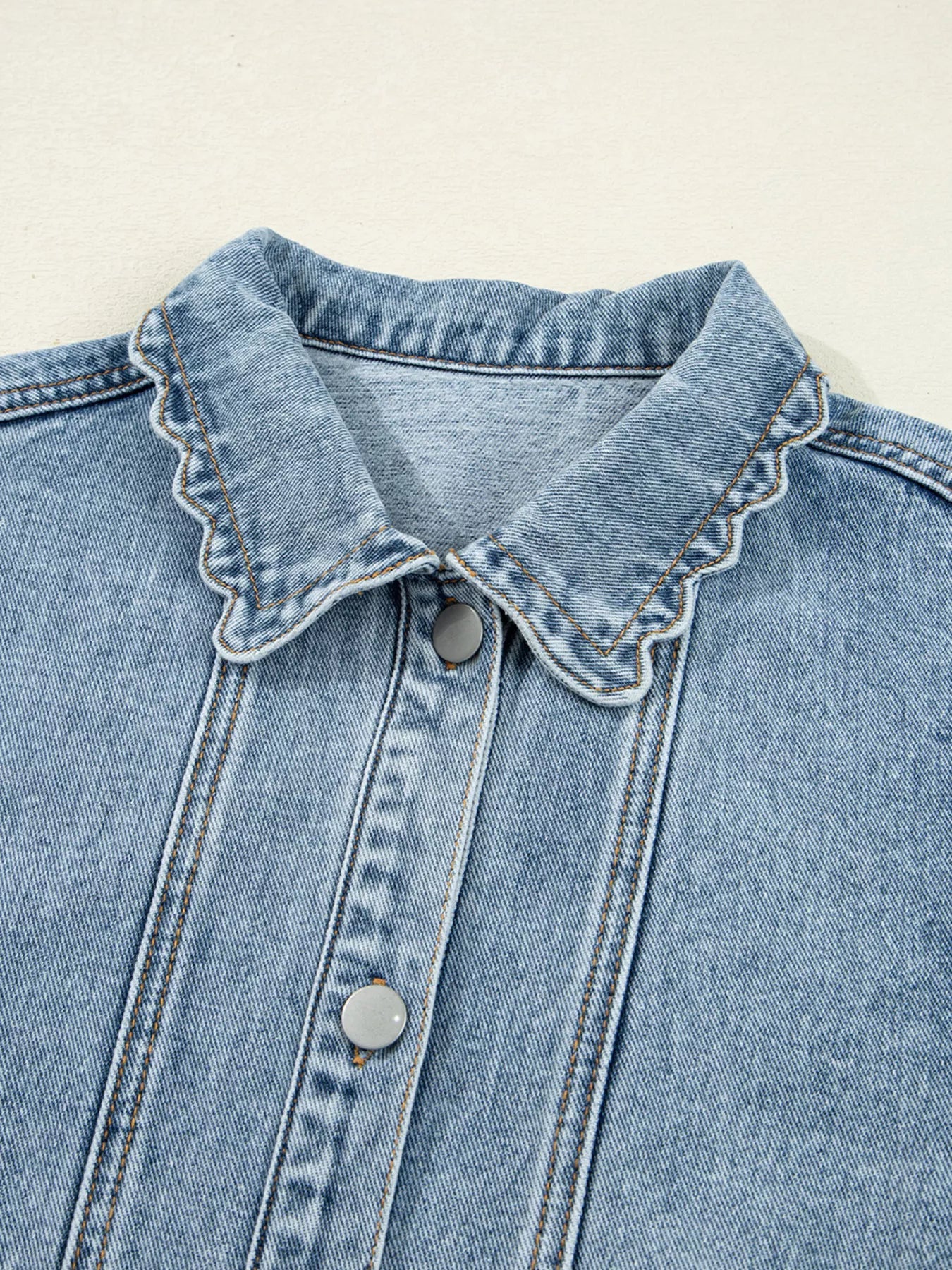Scallop Trim Collar Patched Pocket Button Up Denim Jacket 
