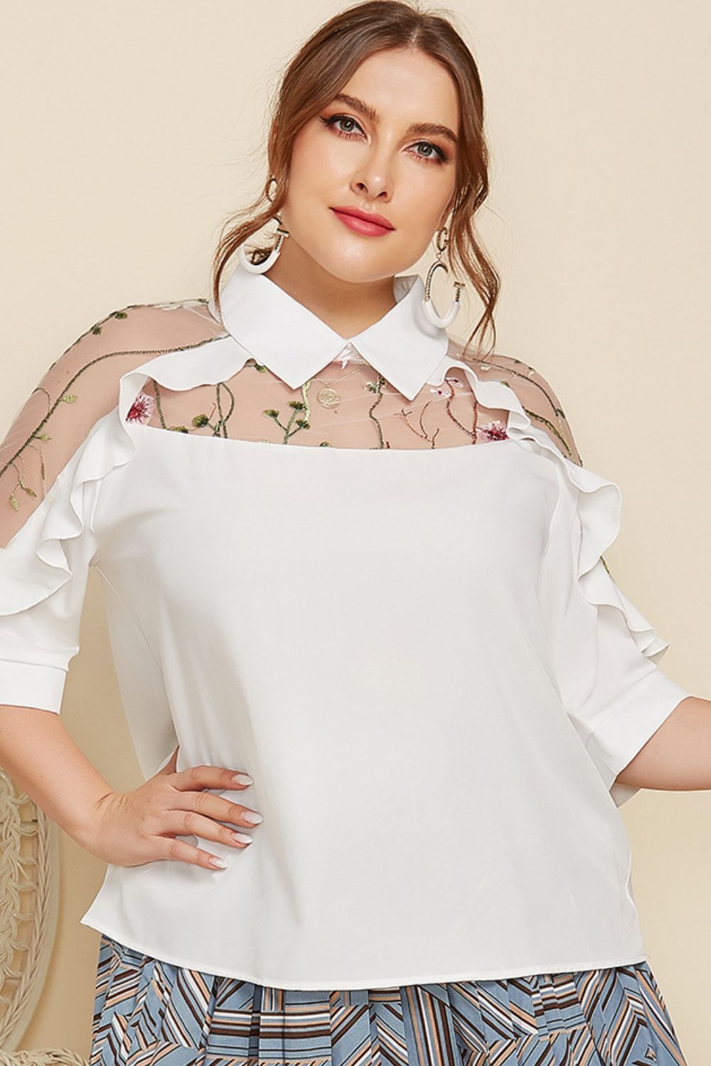 Plus Size Embroidered Ruffle Trim Collared Half Sleeve Blouse 