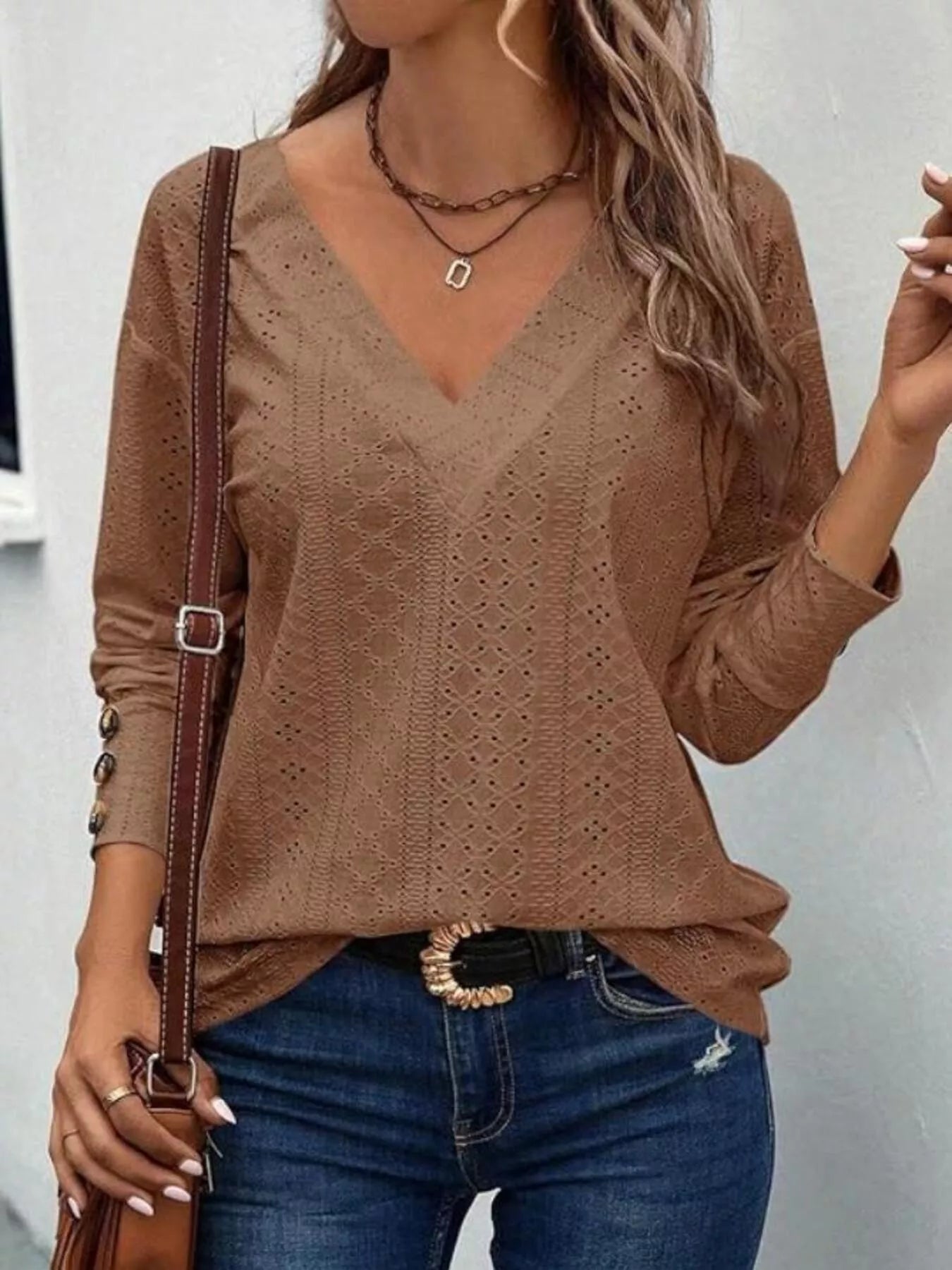 Eyelet V-Neck Long Sleeve Blouse 