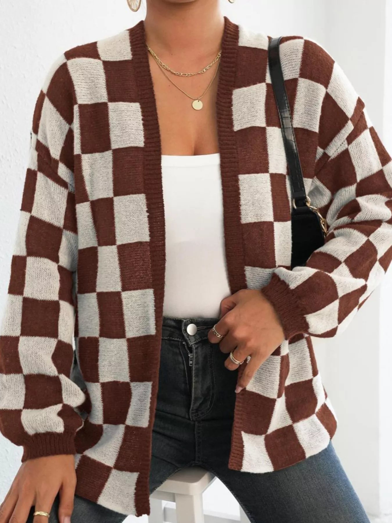 Checkerboard Pattern Open Front Knit Cardigan 