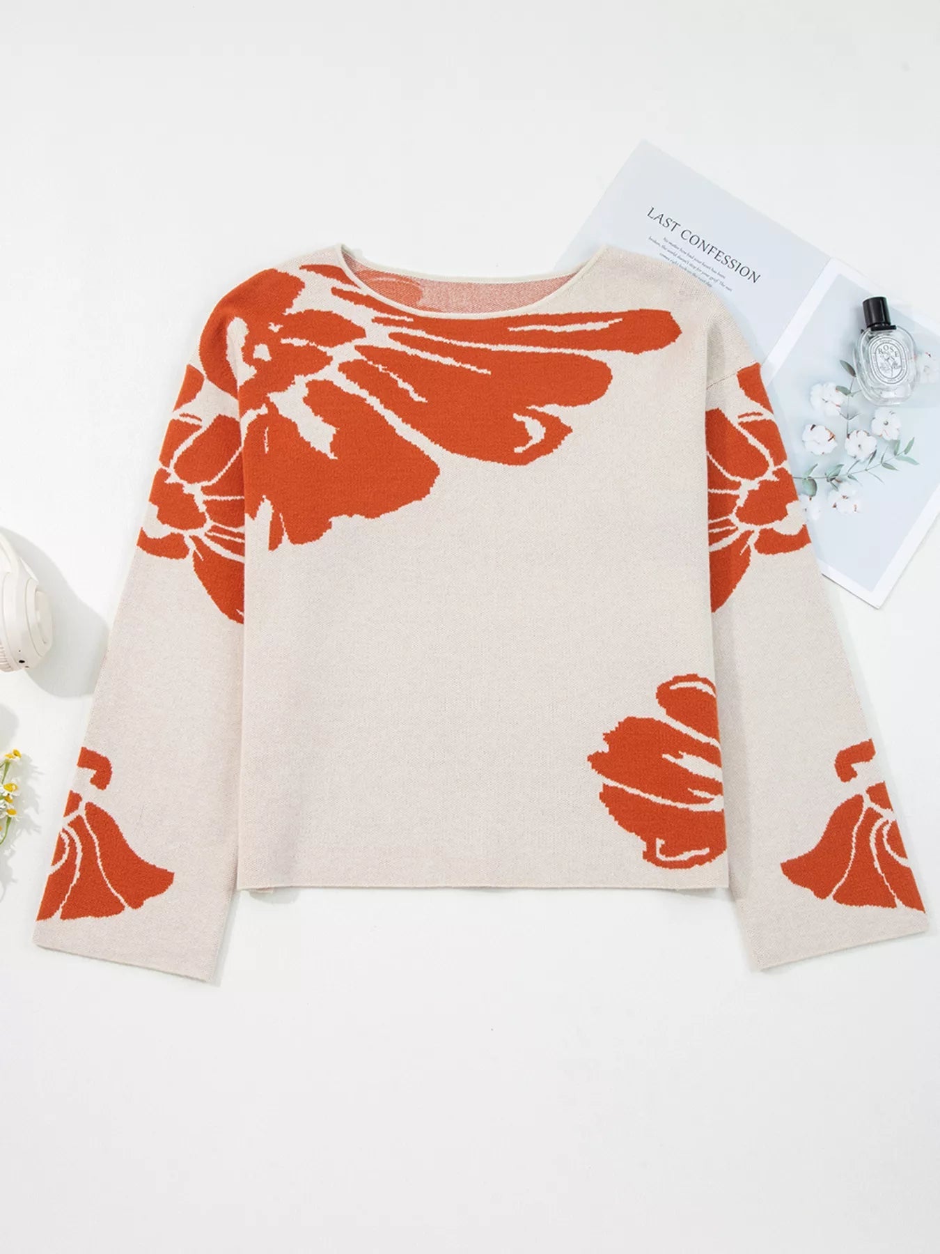 Flower Pattern Wide Sleeve Baggy Sweater 