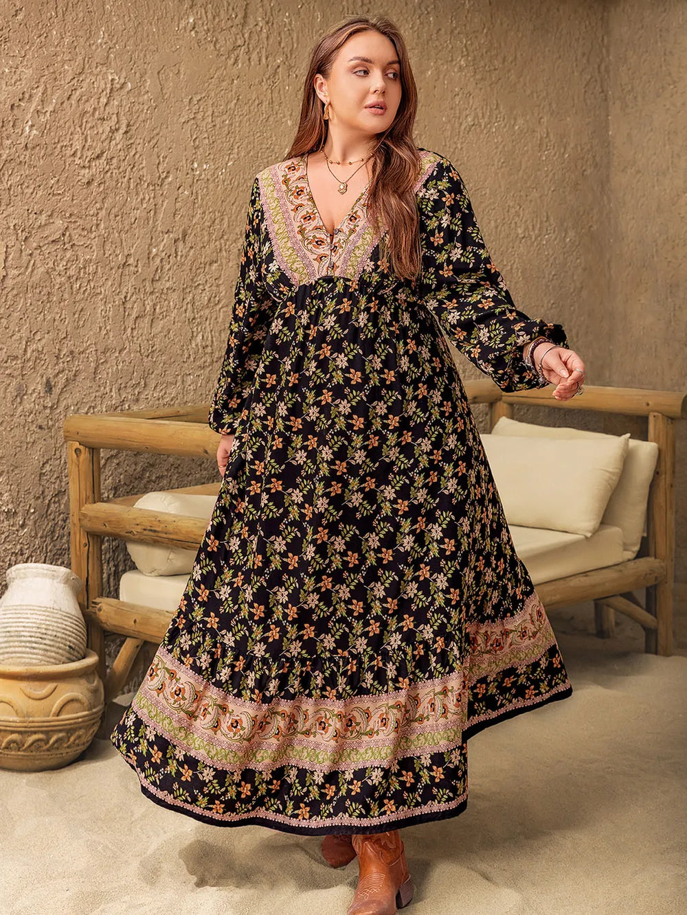 Plus Size Floral V-Neck Balloon Sleeve Dress 