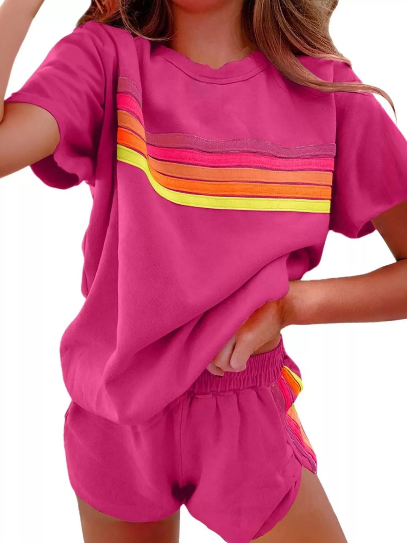 Rainbow Striped Round Neck Top and Shorts Set 