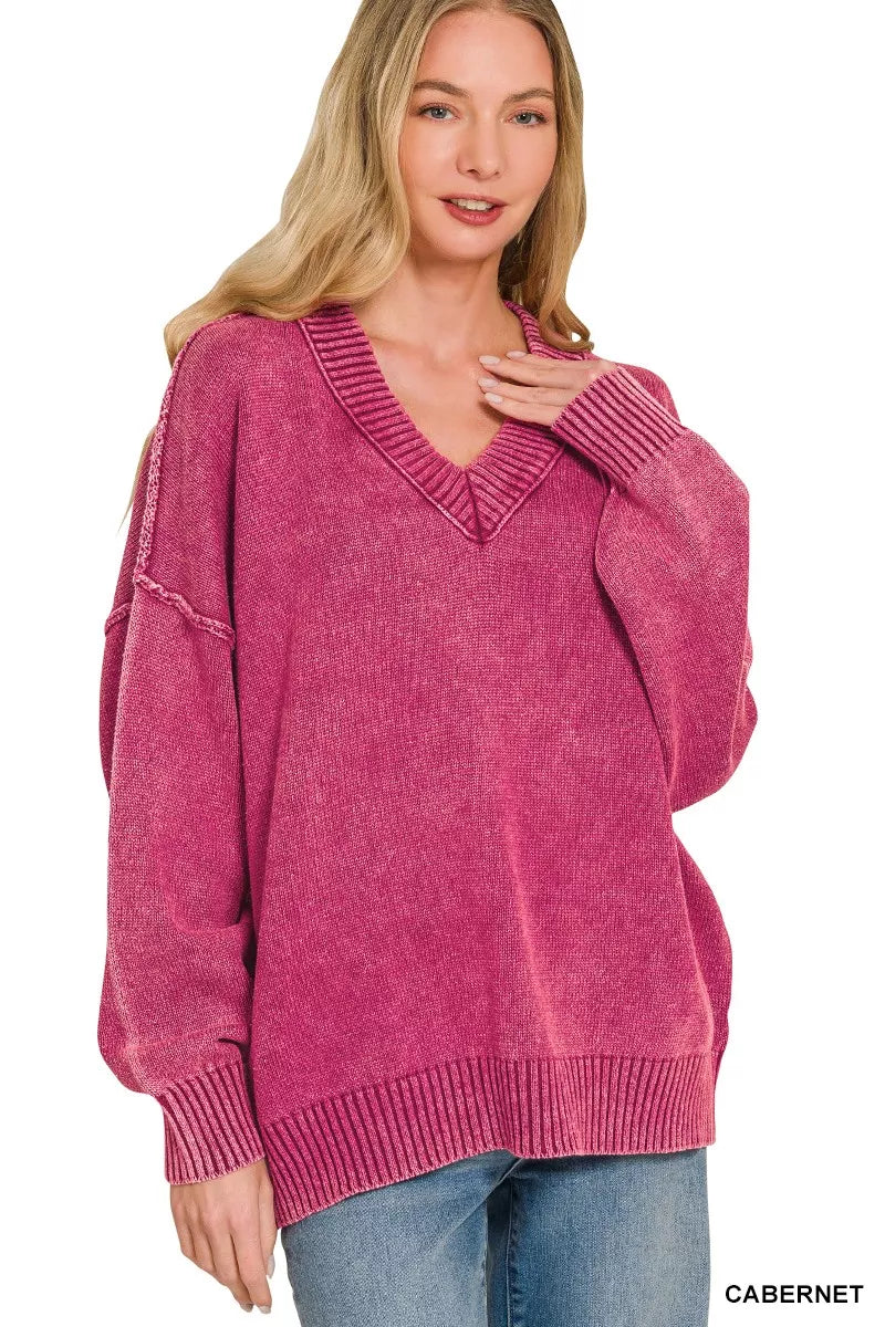 Zenana Washed Deep V-neck Oversized Sweater 