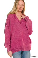 Zenana Washed Deep V-neck Oversized Sweater 