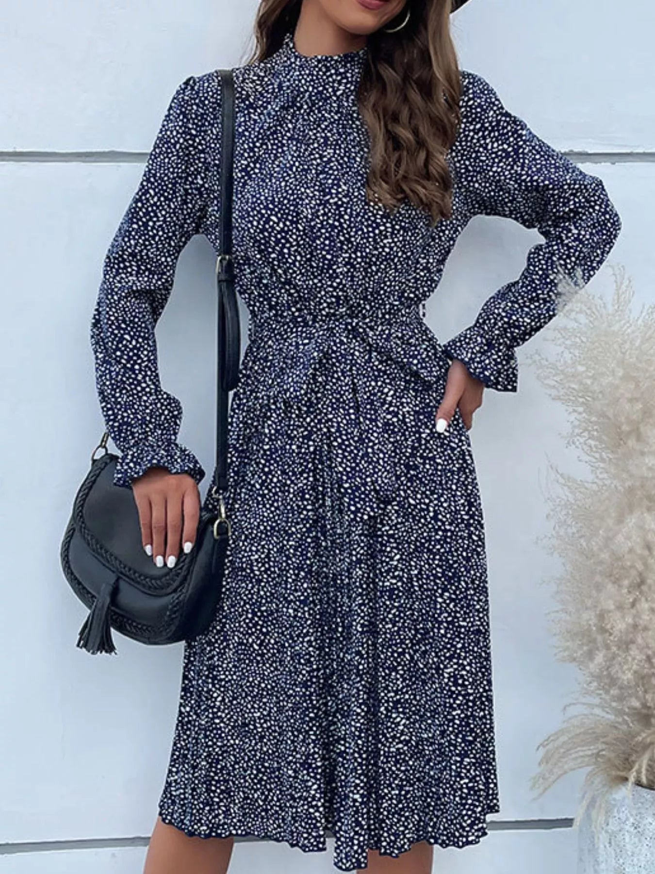 Animal Print Mock Neck Flounce Sleeve Dress 