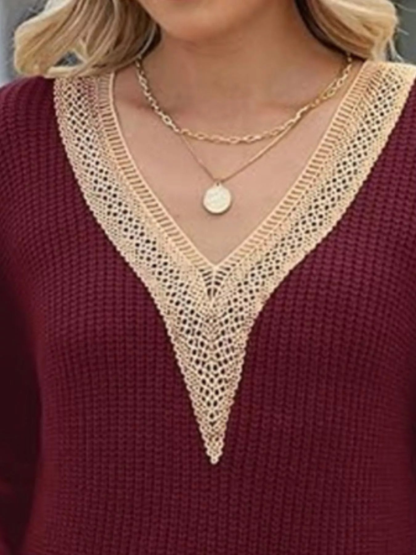 Openwork V-Neck Long Sleeve Sweater 