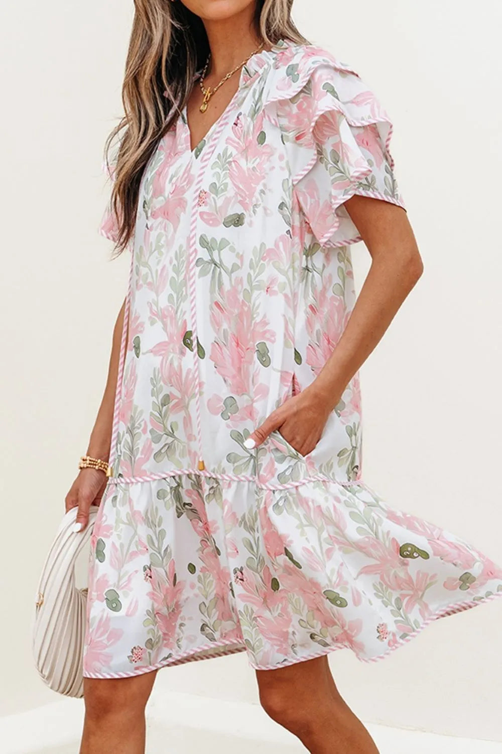 Floral Contrast Edge Layered Short Sleeve Mini Dress 