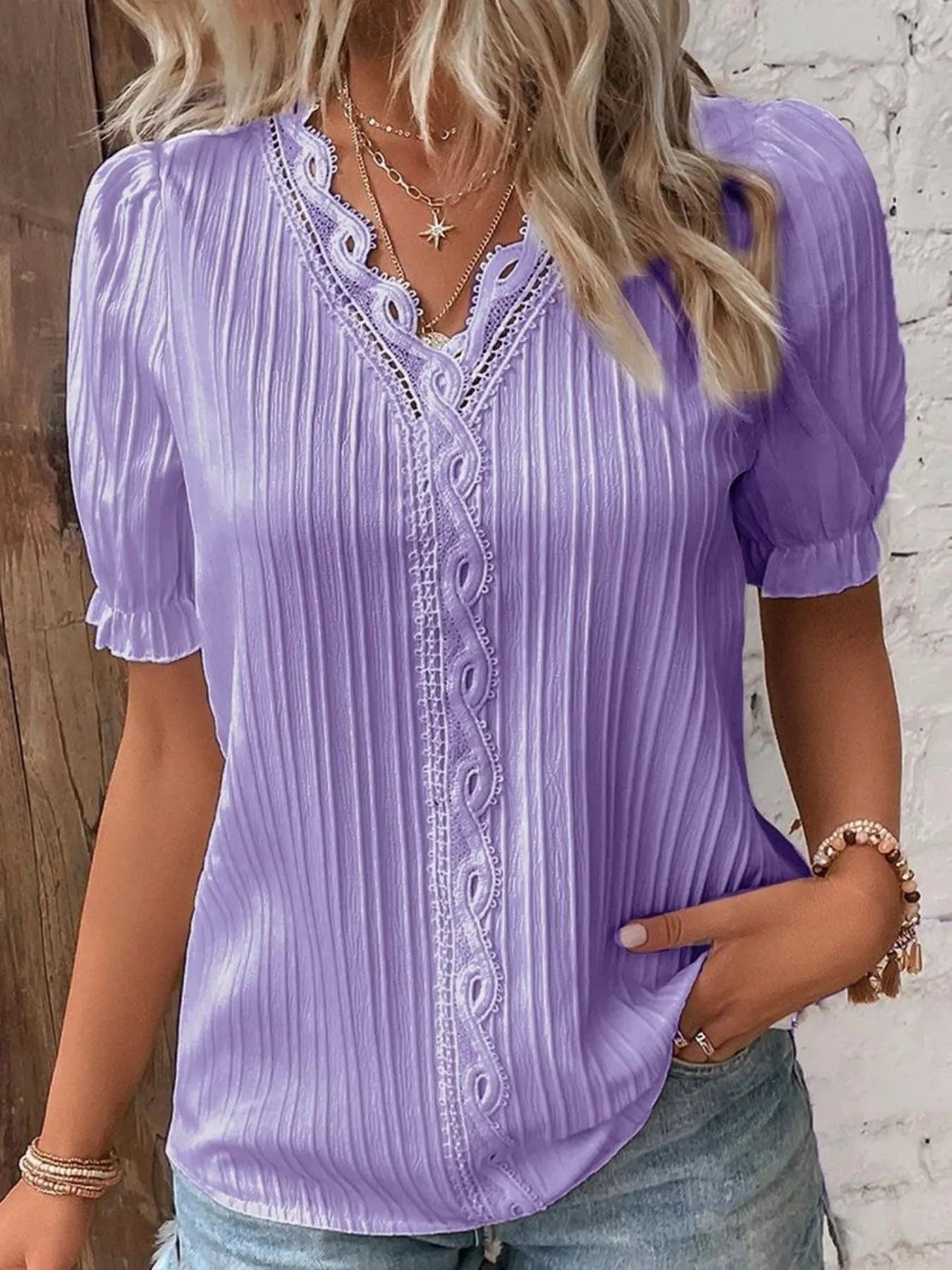 Full Size Lace Detail V-Neck Blouse Plus Size 