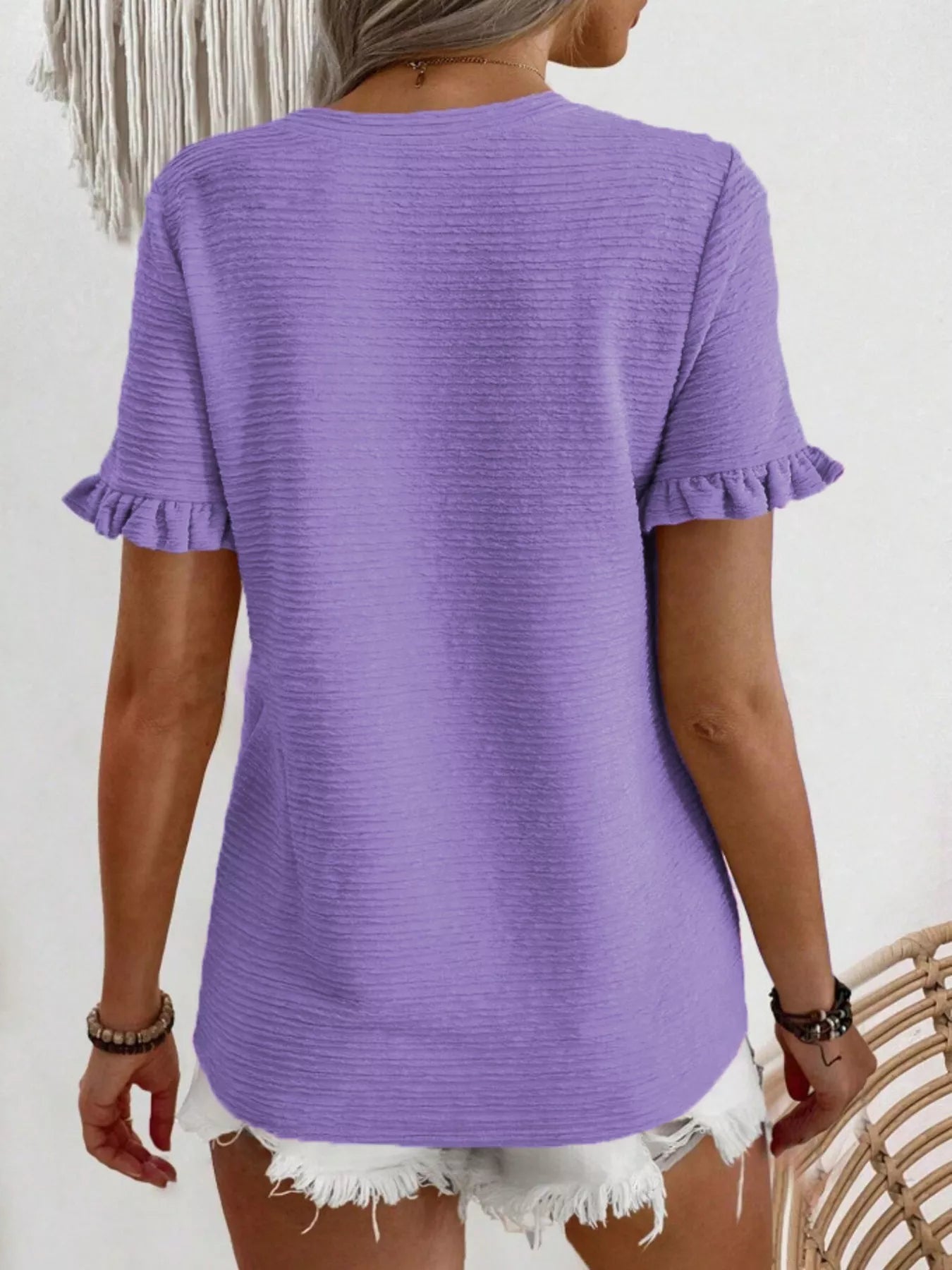 Textured Ruffle Sleeve Round Neck T-Shirt 