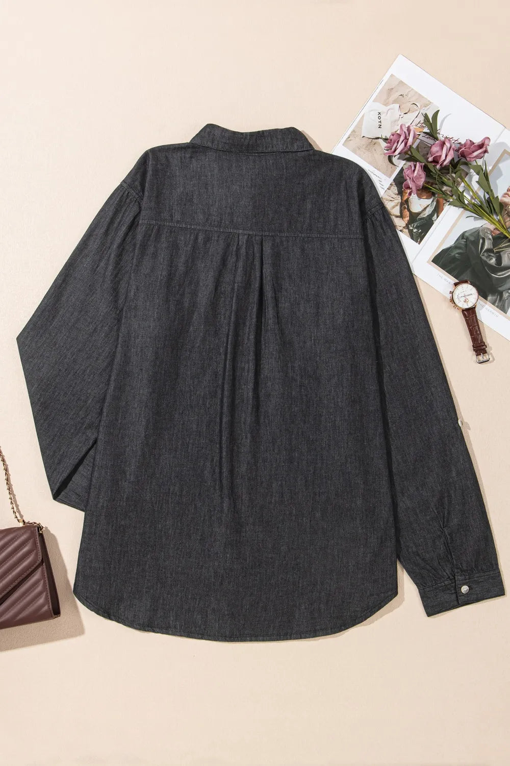 Pocketed Collared Neck Long Sleeve Denim Top 