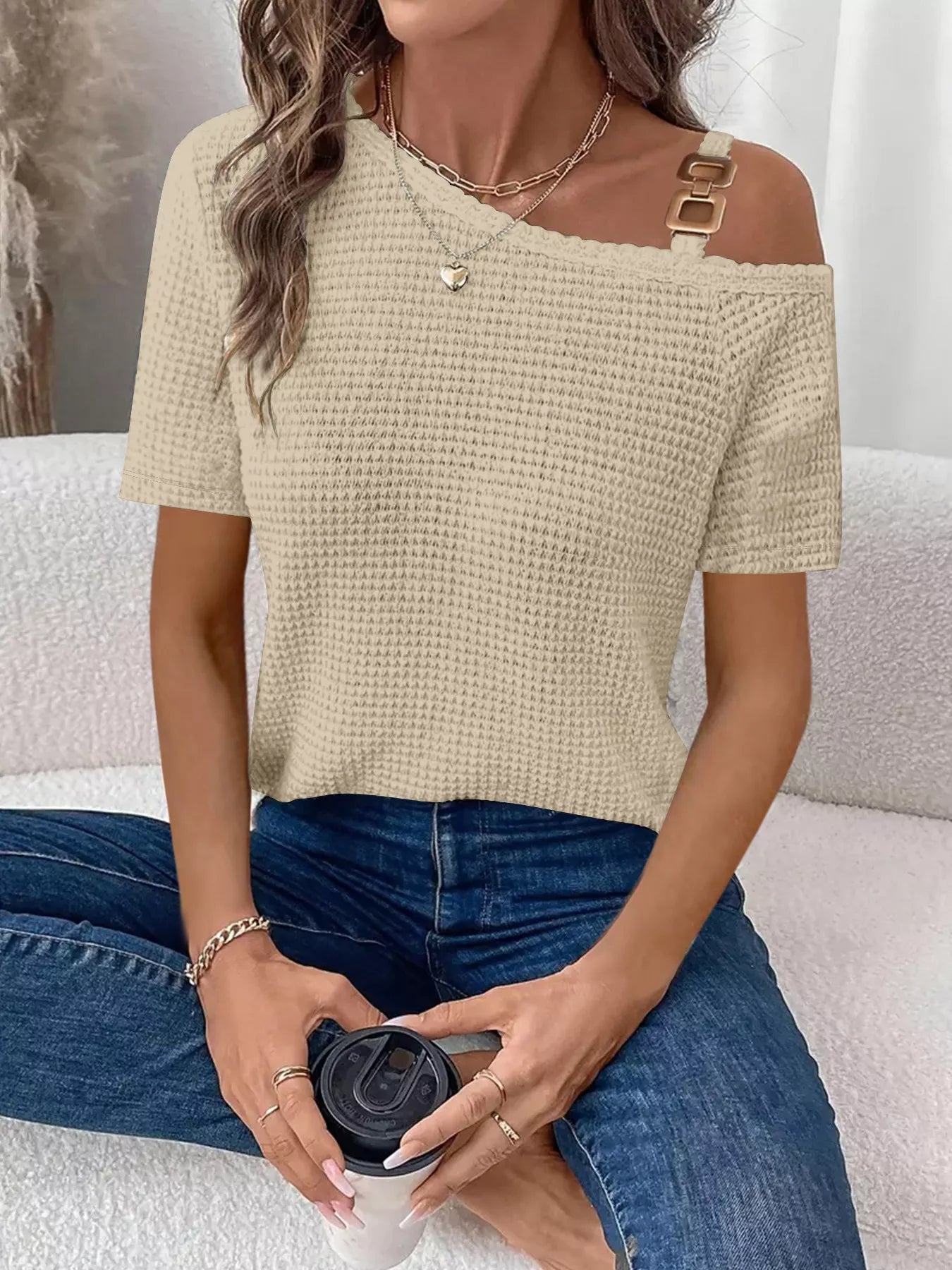 One-Shoulder Chain Detail Waffle Knit T-Shirt 