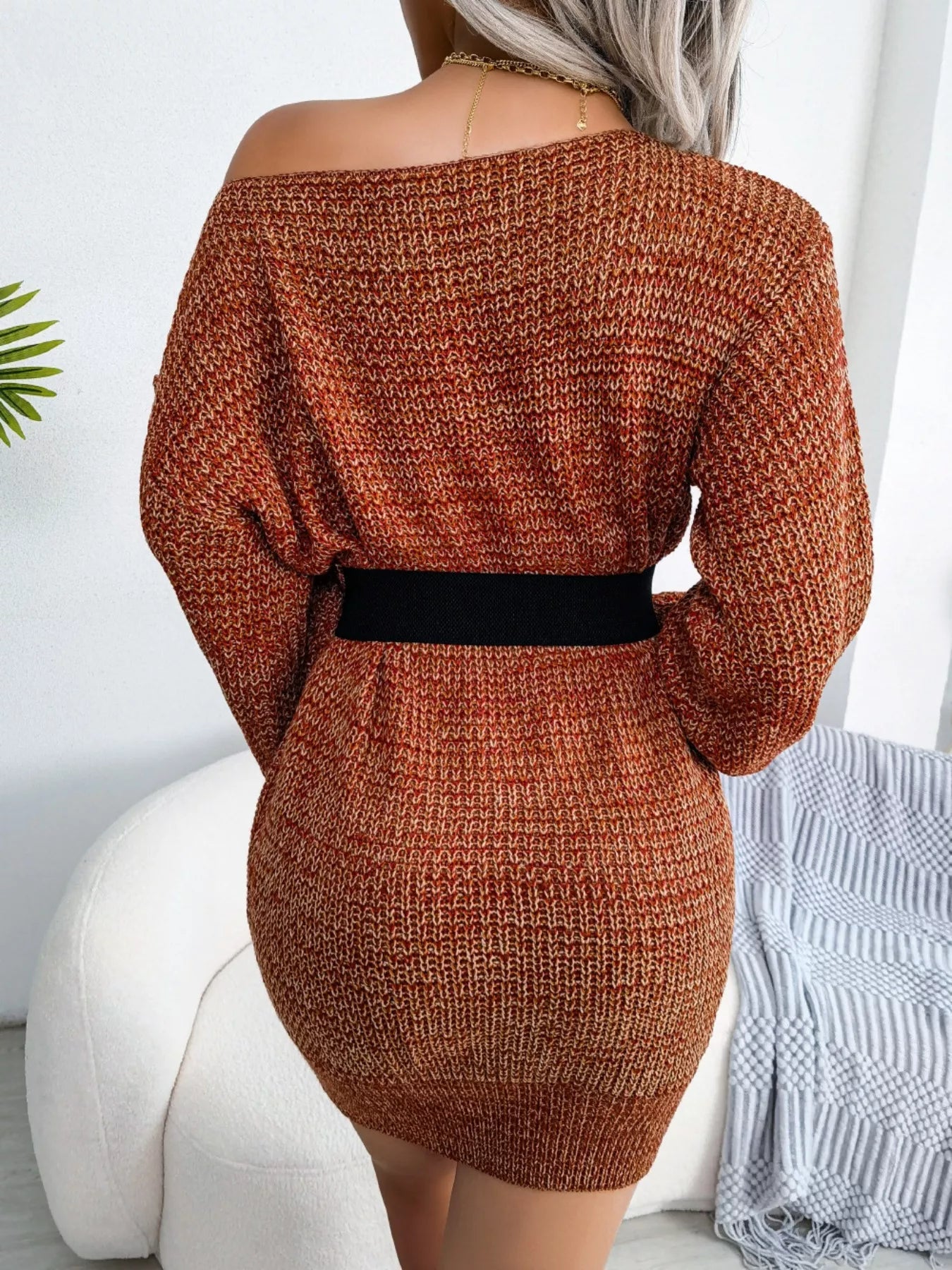 Multi-Color One-Shoulder Sweater Dress 