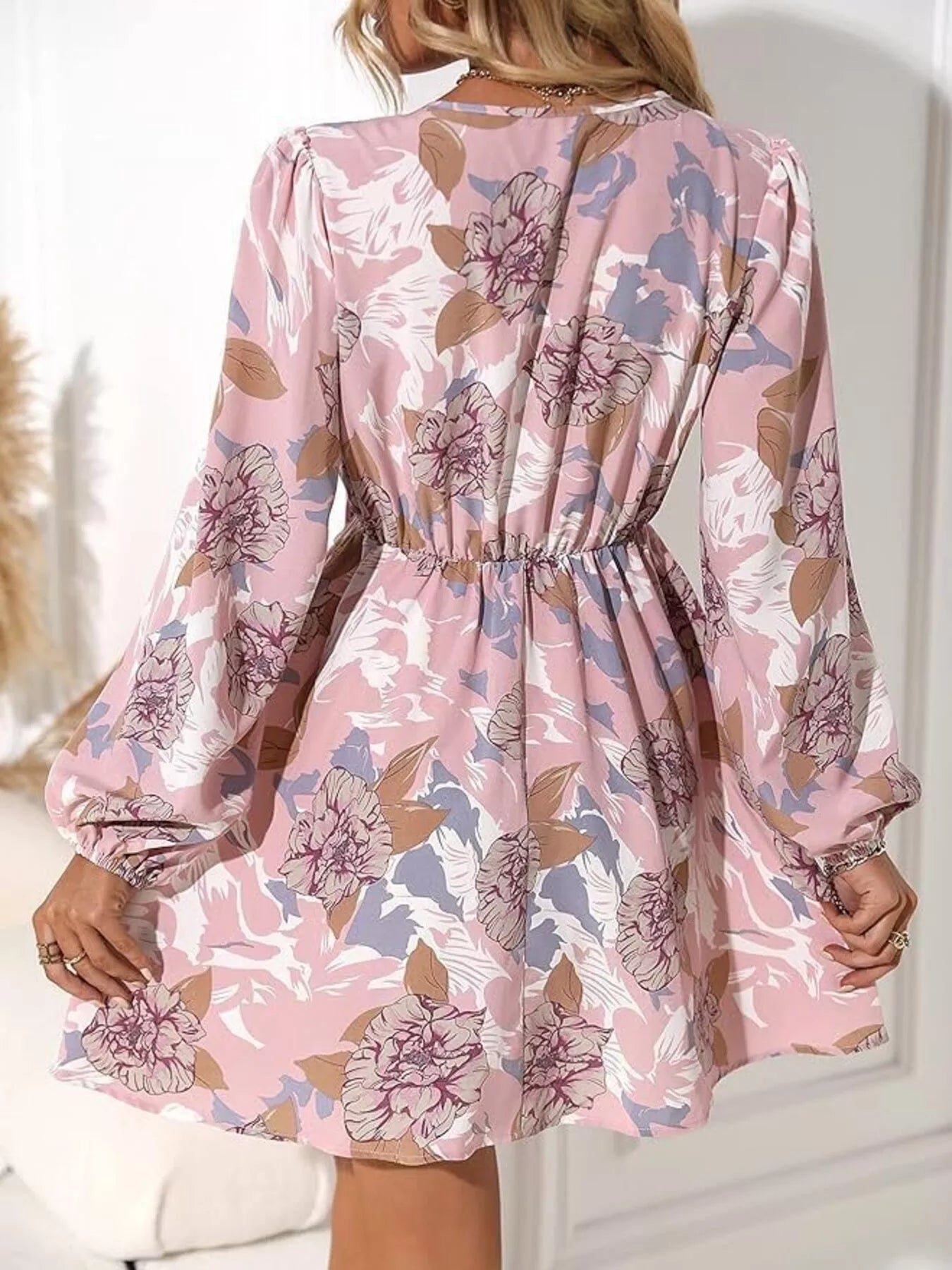 Floral Print Surplice Balloon Sleeve Dress 