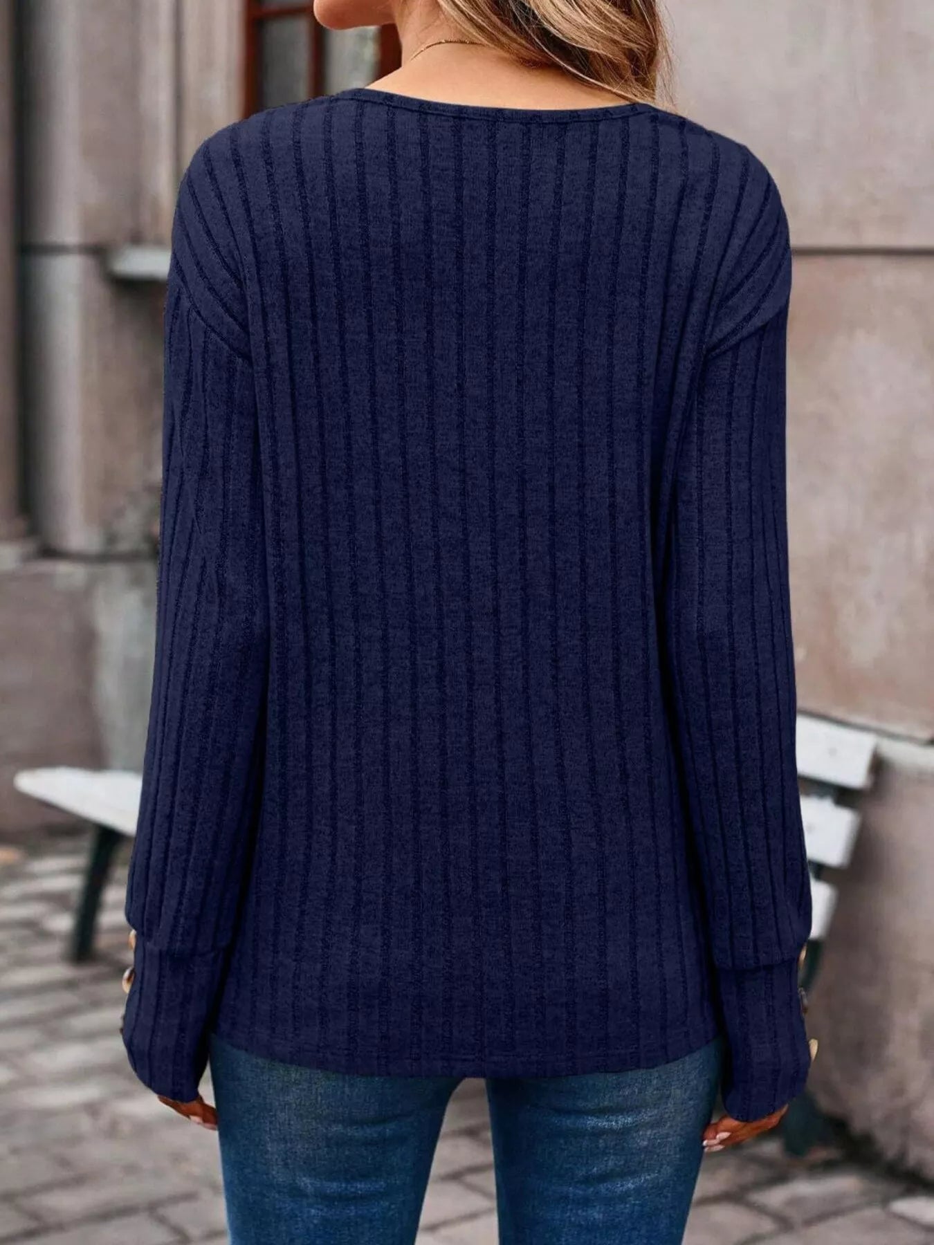 Ribbed V-Neck Long Sleeve Top 