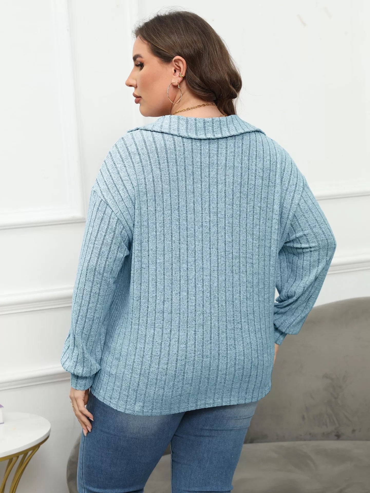 Plus Size Ribbed Knit Polo Collar T-Shirt 