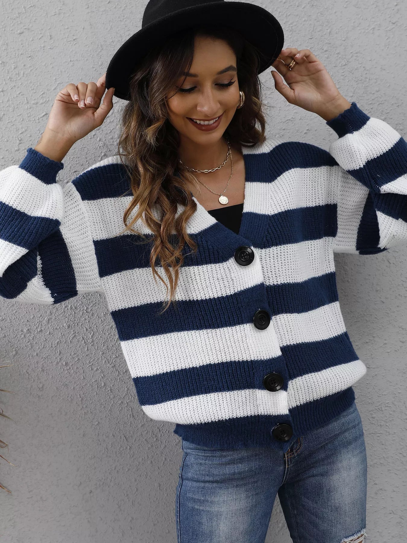 Striped Button-Up Long Sleeve Cardigan 