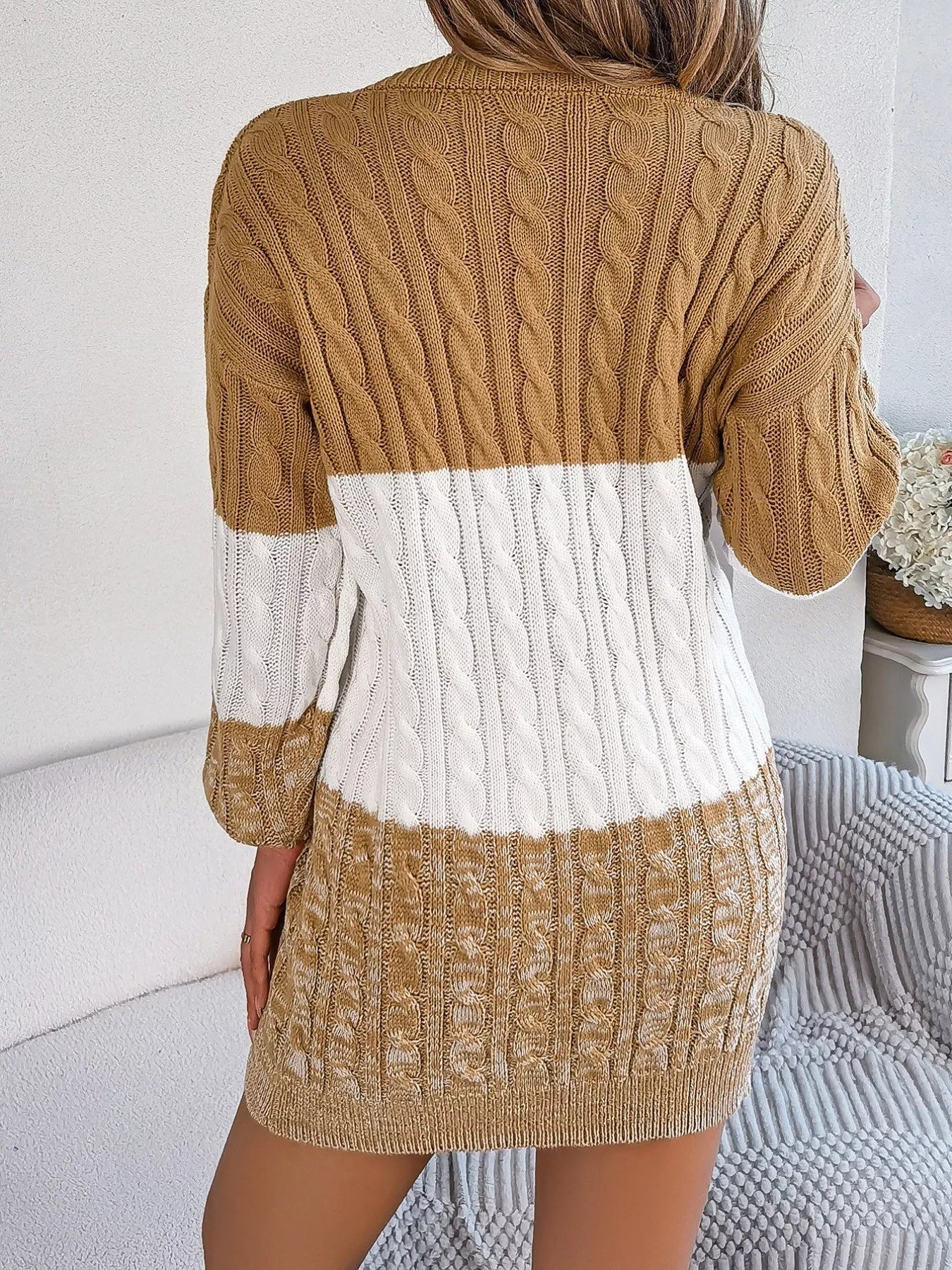 Color Block Cable Knit Sweater Dress with Textured Pattern 