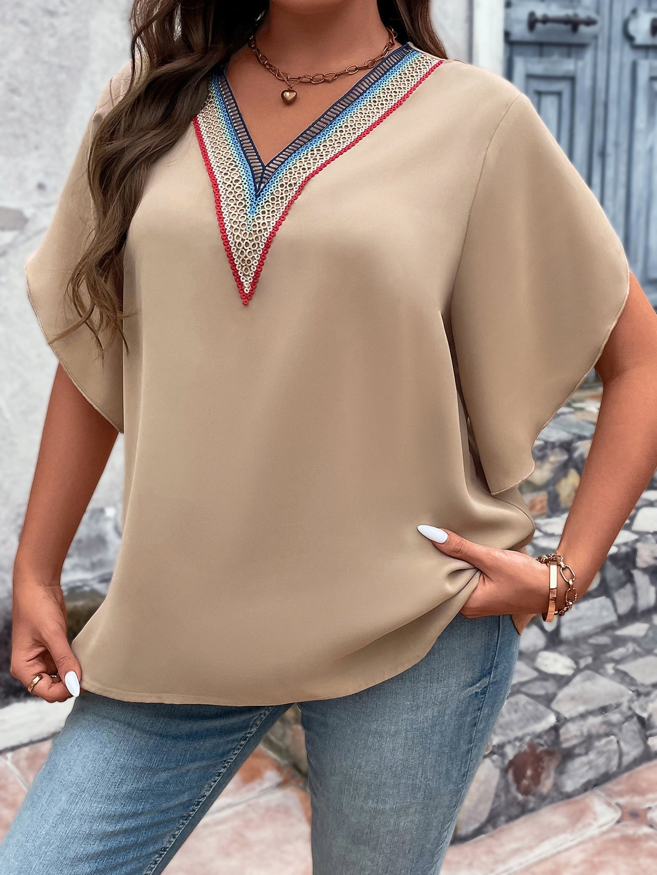 Honey Plus Size V-Neck Flutter Sleeve Blouse 