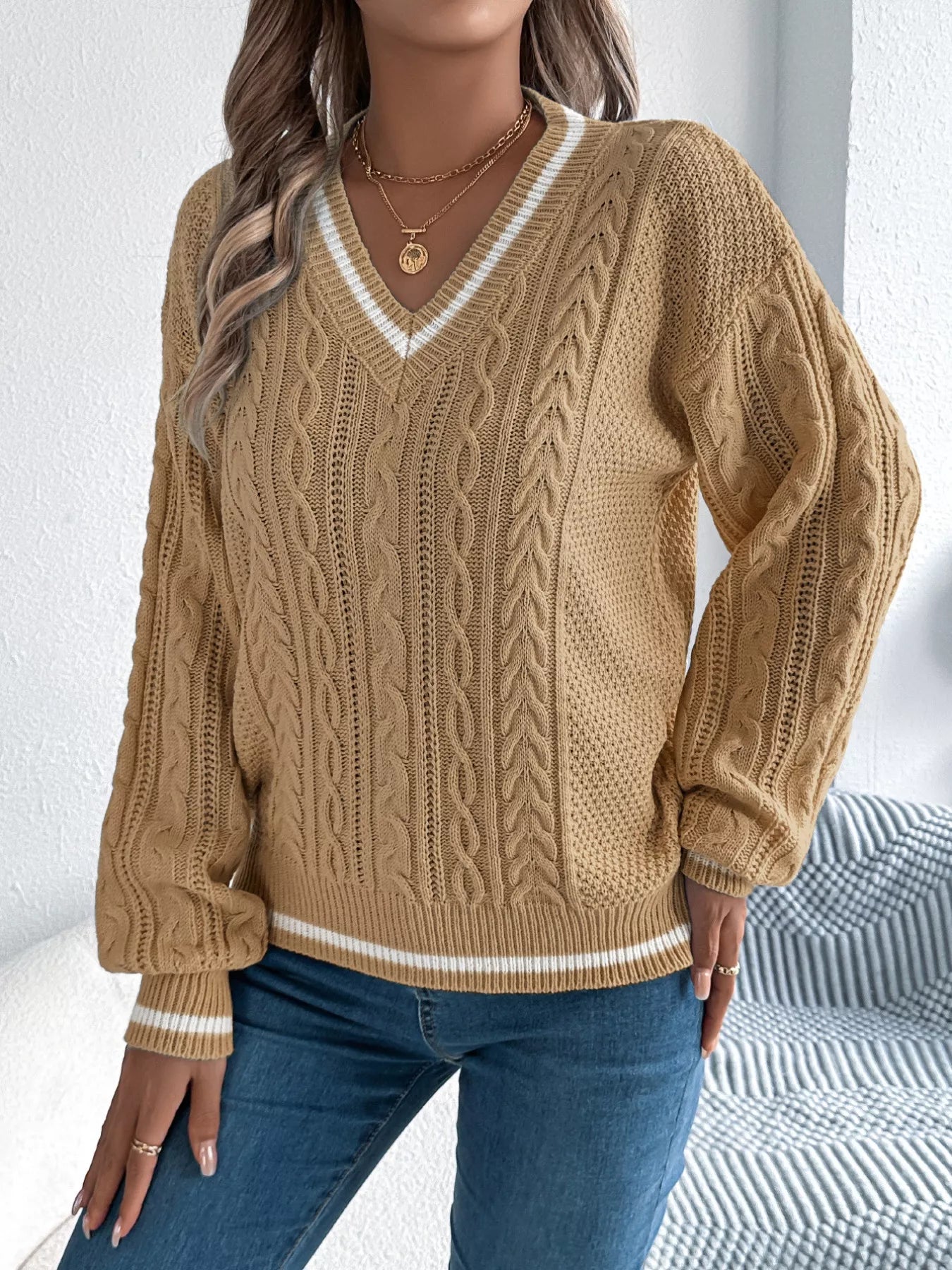 Cable Knit V-Neck Long Sleeve Sweater 