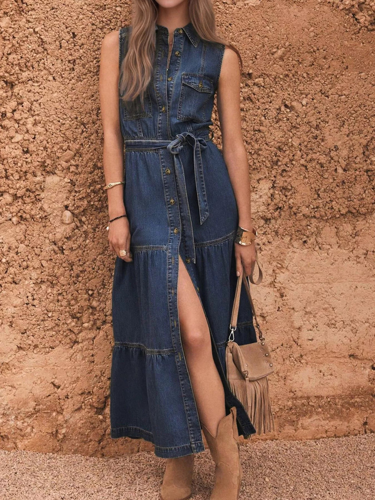 Button Front Sleeveless Denim Dress 