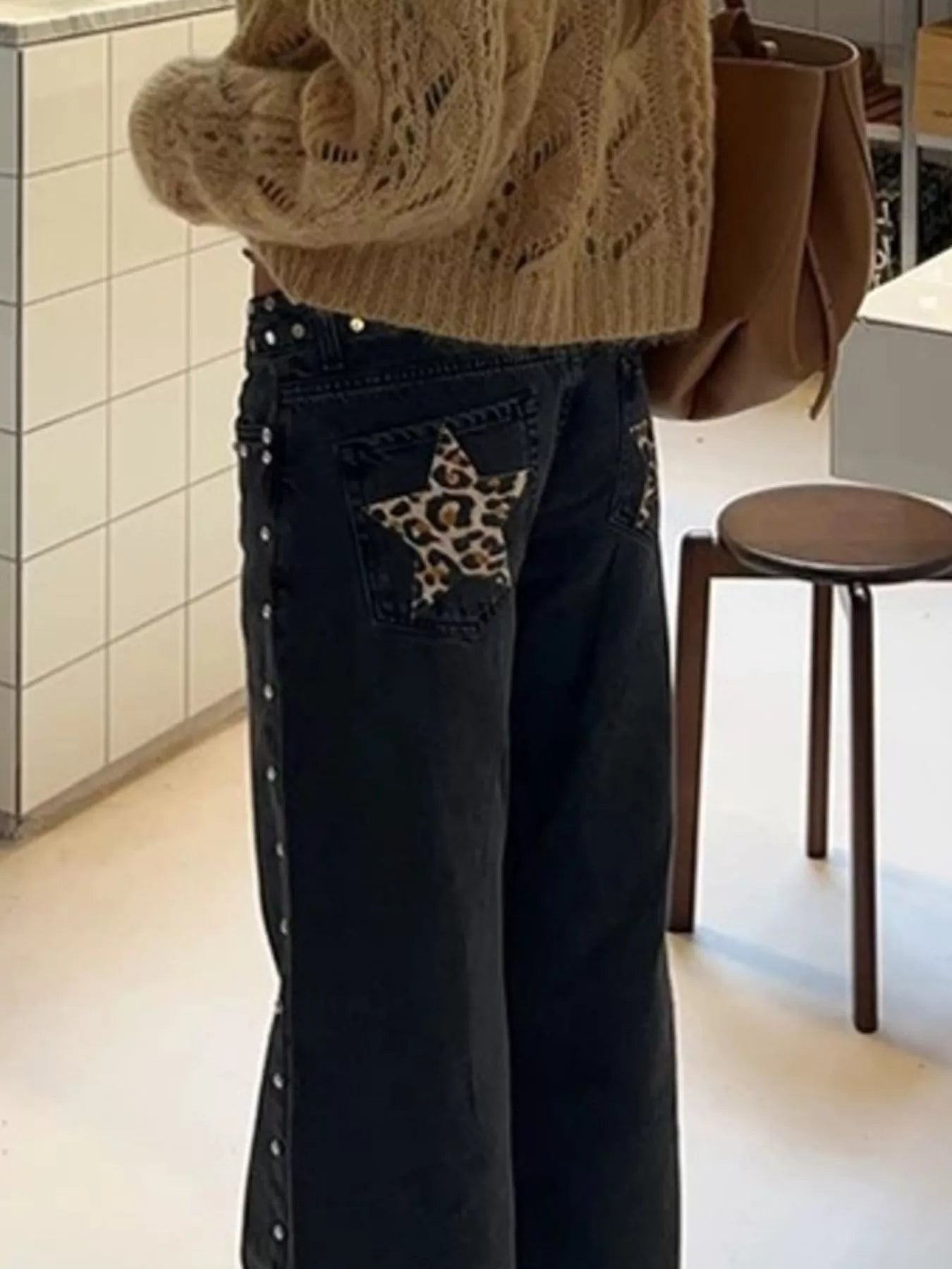 Leopard Star Patches Wide Leg Jeans 