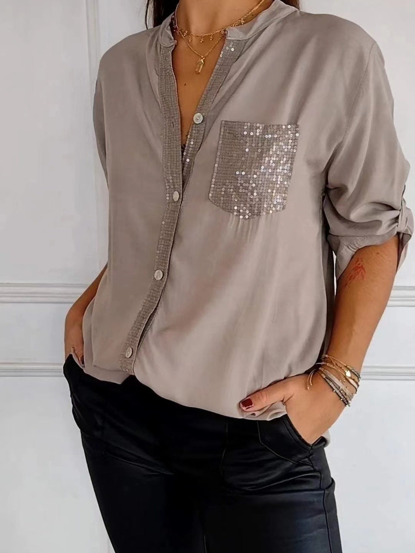 Full Size Sequin Detail Button-Down Shirt Plus Size 
