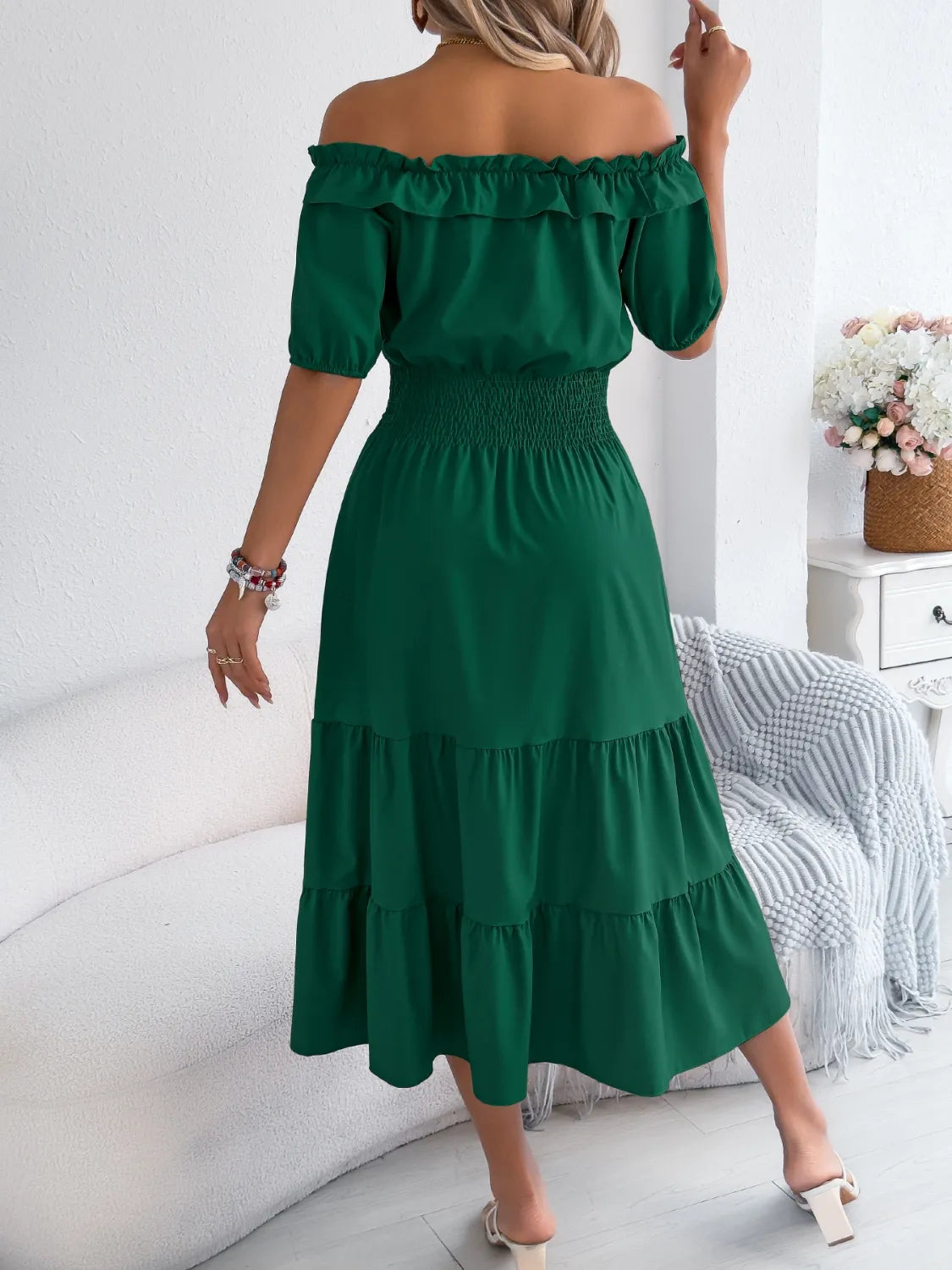 Smocked Off-Shoulder Tiered Dress 