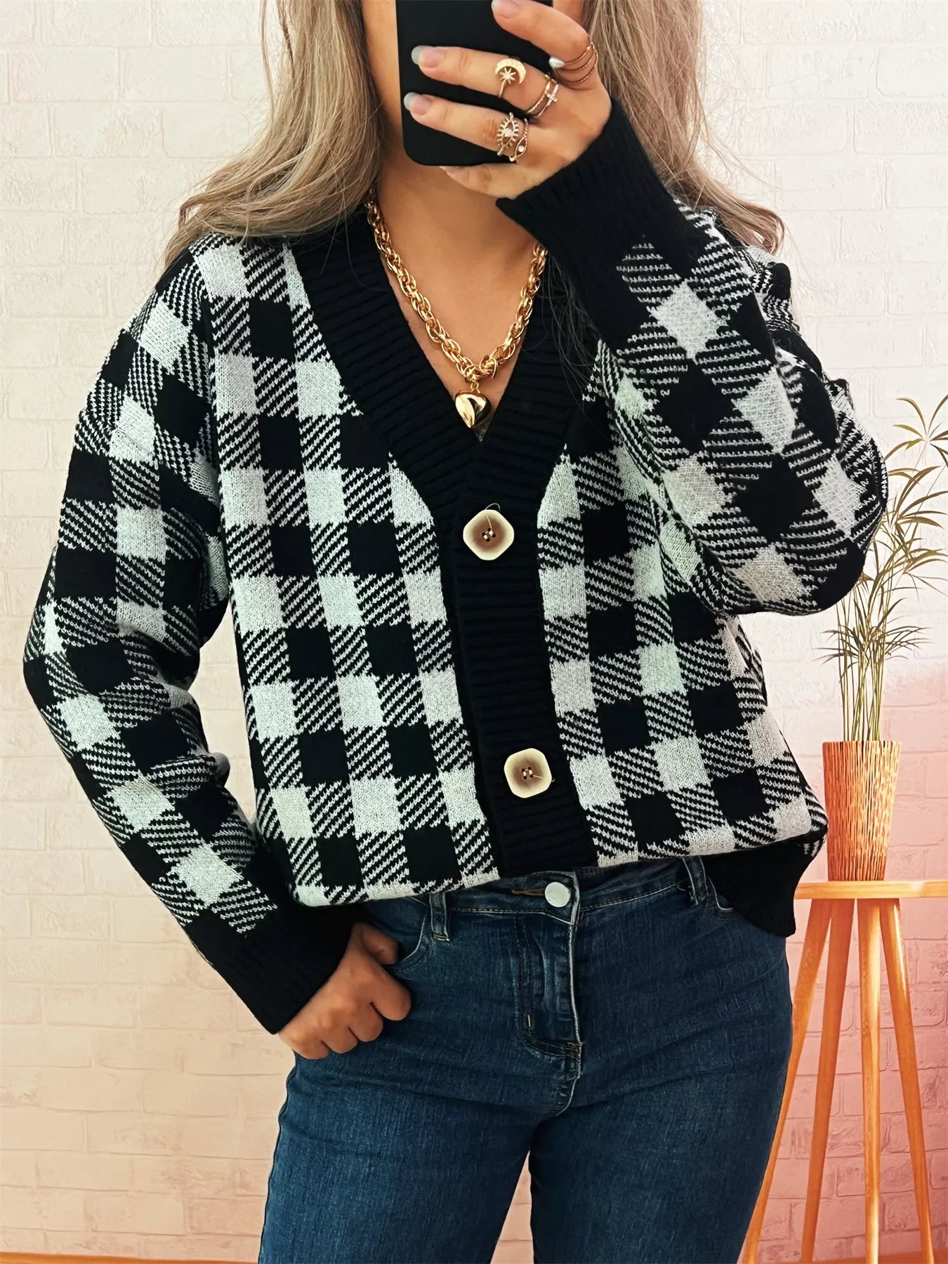 Plaid Button-Down Cardigan 
