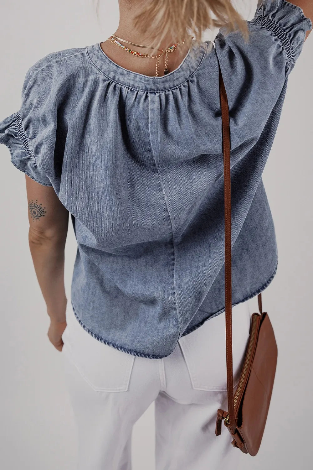 V Neck Ruffled Short Puff Sleeve Denim Top 