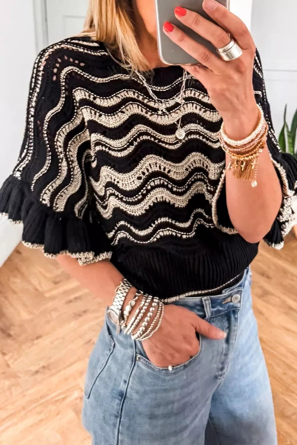 Wave Pattern Ruffle Sleeve Sweater 
