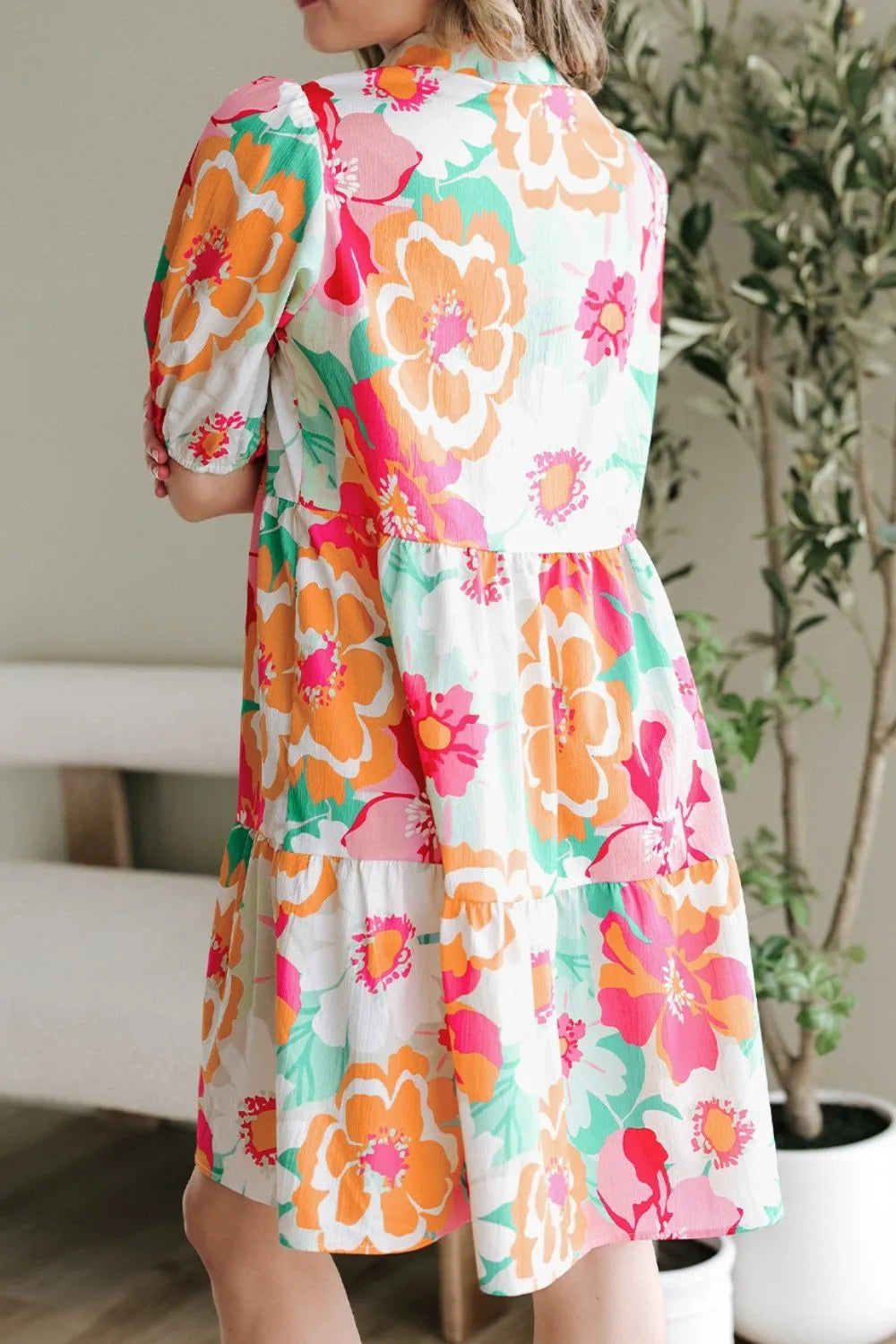 Button Down Floral Puff Sleeve Babydoll Dress 