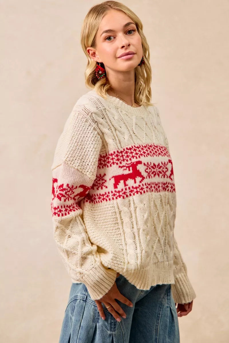 BiBi Christmas Theme Patterned Cable Knit Sweater 