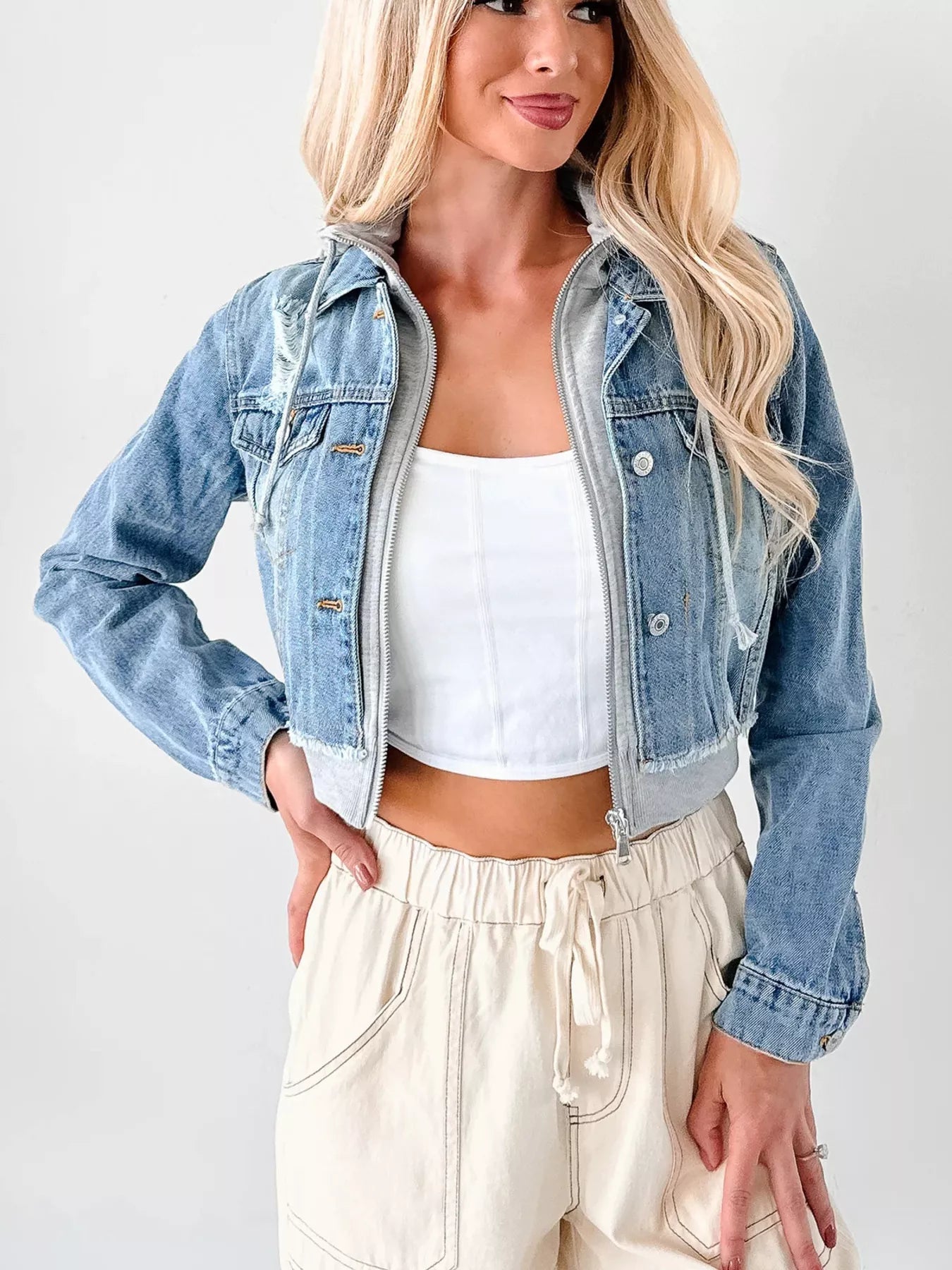 Distressed Zip Up Cropped Hooded Denim Jacket 