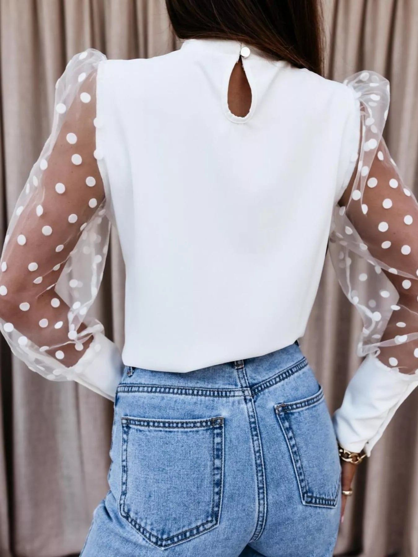 Polka Dot Mesh Sleeve Blouse 