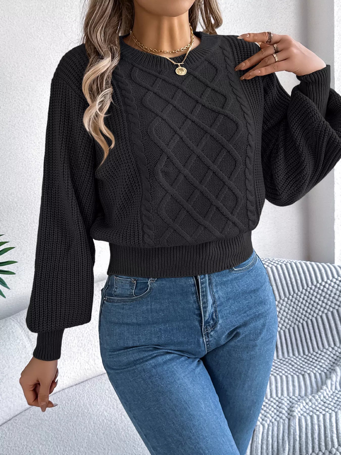Cable Knit Diamond Pattern Long Sleeve Sweater 