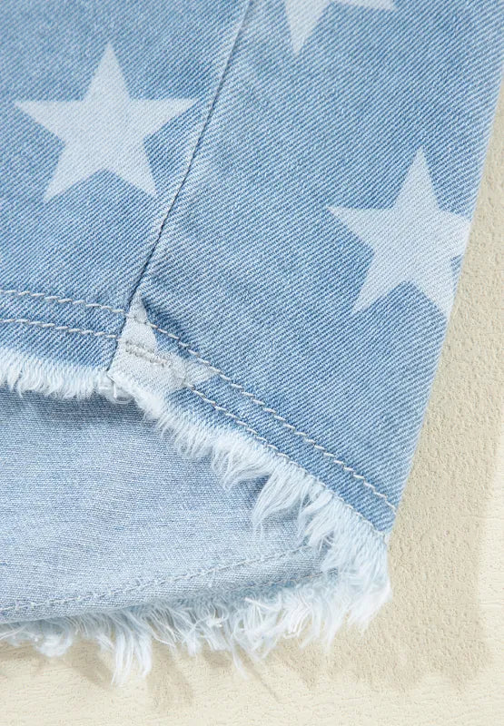 Raw Hem Star Collared Neck Denim Top 