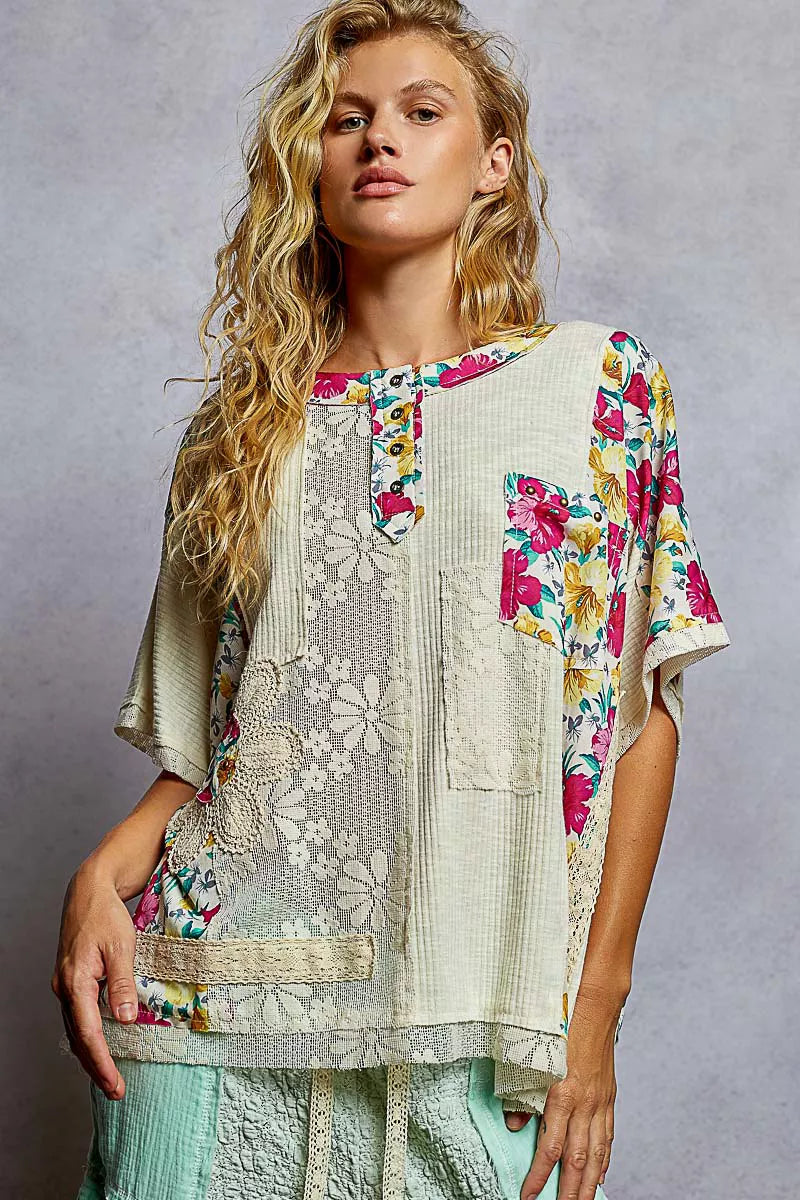 POL Lace Round Neck Short Sleeve Floral Pattern Top with Patch Detail 
