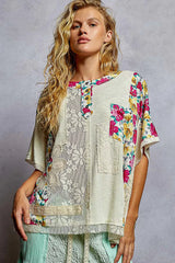 POL Lace Round Neck Short Sleeve Floral Pattern Top with Patch Detail 