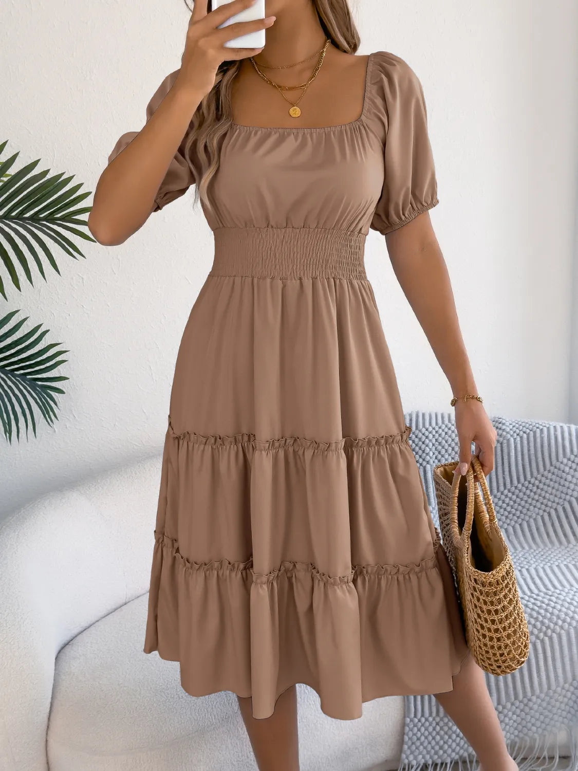 Square Neck Short Puff Sleeve Dress 