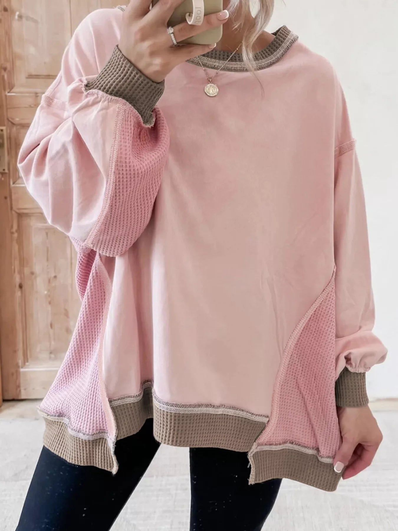 Color Block Mix Texture Waffle Patchwork Oversize Sweatshirt 