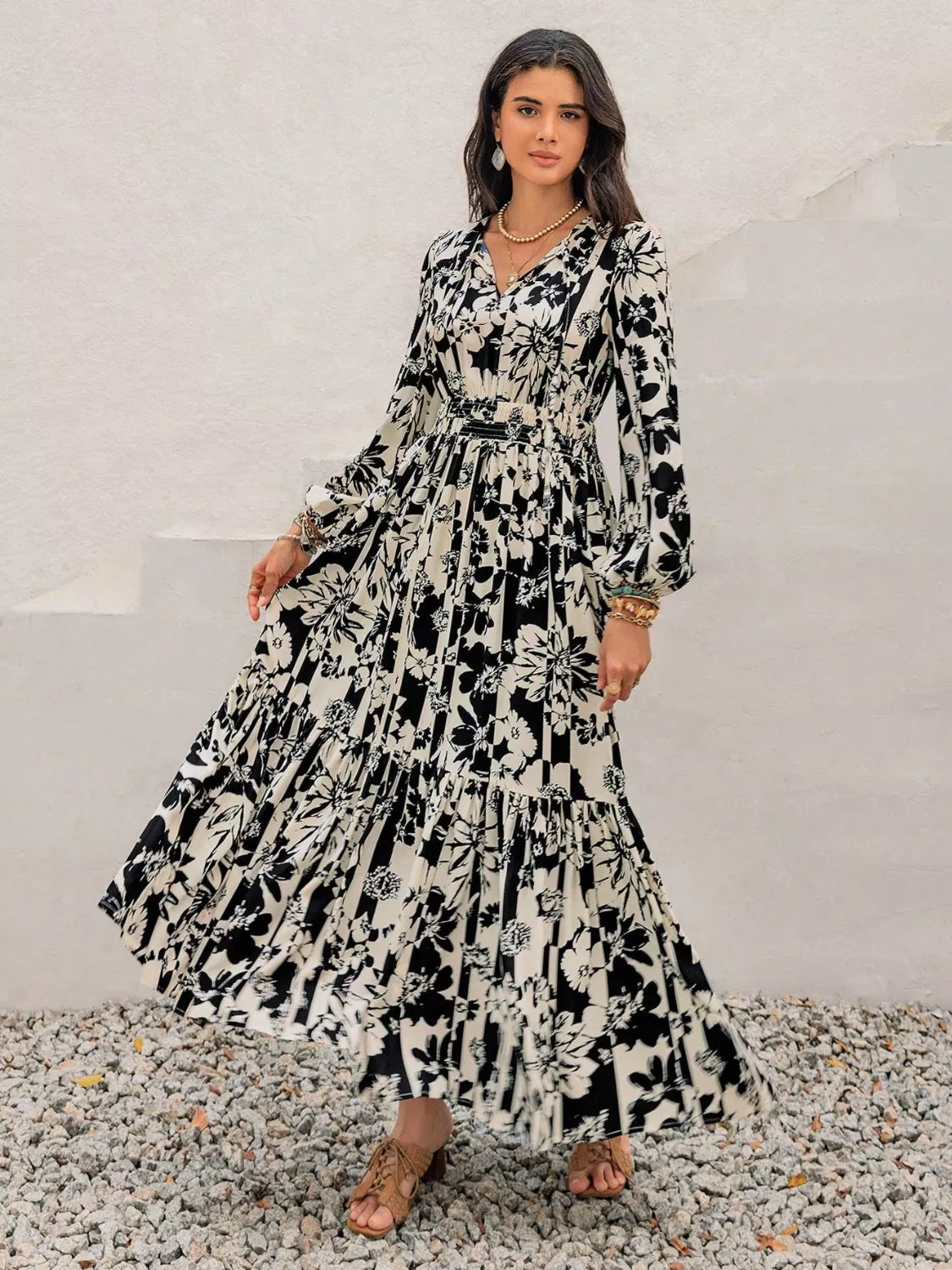 Plus Size Floral Print Balloon Sleeve Maxi Dress 